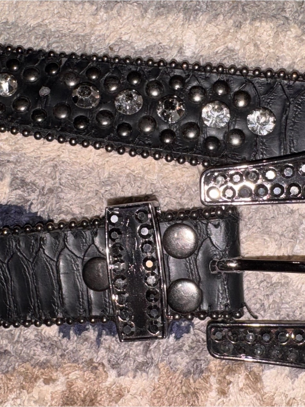Black Embellished Leather Belt with Crystal Studs